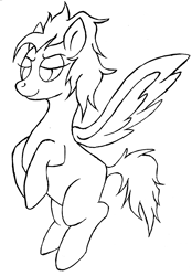 Size: 2180x3128 | Tagged: safe, artist:mjangelvortex, derpibooru exclusive, imported from derpibooru, oc, oc only, oc:charred smoke, pegasus, pony, female, flying, gift art, lidded eyes, lineart, mare, messy hair, messy mane, smiling, smug, traditional art, wip