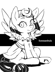 Size: 728x963 | Tagged: safe, artist:hobilo, imported from derpibooru, somnambula, pegasus, pony, black and white, female, grayscale, headdress, looking at you, mare, monochrome, simple background, solo, white background