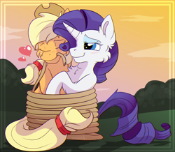 Size: 1024x891 | Tagged: safe, artist:xgglitch, imported from derpibooru, applejack, rarity, earth pony, pony, unicorn, applejack's hat, bound together, cowboy hat, cute, female, hat, lesbian, mare, rarijack, rope, shipping, tied up