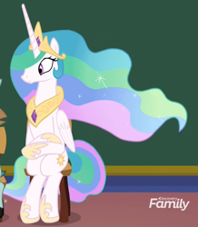 Size: 883x1012 | Tagged: safe, imported from derpibooru, screencap, princess celestia, alicorn, pony, horse play, cropped, cute, cutelestia, discovery family logo, female, hoof shoes, jewelry, peytral, ponies sitting like humans, regalia, sitlestia, sitting, smiling, stool