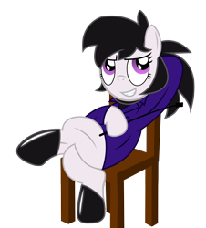 Size: 1590x1759 | Tagged: safe, artist:darkstorm619, imported from derpibooru, oc, oc only, oc:miss anne, pony, arm behind head, chair, clothes, crossed legs, female, latex, latex boots, leaning back, riding crop, simple background, solo, transparent background