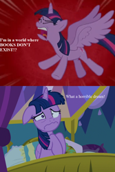 Size: 864x1296 | Tagged: safe, edit, edited screencap, imported from derpibooru, screencap, twilight sparkle, alicorn, pony, horse play, school daze, bed, comic, cropped, female, floppy ears, messy mane, nightmare, solo, text, that pony sure does love books, twilight sparkle (alicorn)