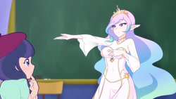 Size: 1280x720 | Tagged: safe, artist:jonfawkes, imported from derpibooru, princess celestia, raspberry beret, human, horse play, belly button, breasts, busty princess celestia, chair, chalkboard, clothes, crown, cutie mark, dress, duo, elf ears, female, humanized, jewelry, regalia, scene interpretation, smiling, that was fast, unicorns as elves