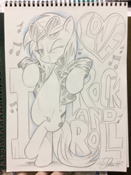 Size: 1536x2048 | Tagged: safe, artist:andypriceart, imported from derpibooru, dj pon-3, vinyl scratch, pony, unicorn, clothes, female, grayscale, jacket, mare, monochrome, one eye closed, signature, sunglasses, traditional art, wink