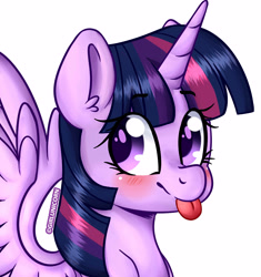 Size: 4629x4917 | Tagged: safe, artist:girlunicorn, imported from derpibooru, twilight sparkle, alicorn, pony, :p, absurd resolution, blushing, bust, colored pupils, cute, ear fluff, female, looking back, mare, portrait, silly, simple background, smiling, solo, spread wings, tongue out, twiabetes, twilight sparkle (alicorn), white background