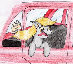 Size: 1868x1649 | Tagged: safe, artist:40kponyguy, derpibooru exclusive, imported from derpibooru, derpy hooves, pegasus, pony, behaving like a dog, car, ear fluff, female, pony pet, silly, silly pony, solo, tongue out, traditional art, windswept mane