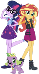 Size: 614x1149 | Tagged: safe, artist:cheezedoodle96, edit, editor:php77, imported from derpibooru, ray, sci-twi, spike, spike the regular dog, sunset shimmer, twilight sparkle, dog, leopard gecko, equestria girls, equestria girls series, boots, bowtie, clothes, female, geode of empathy, geode of telekinesis, glasses, high heel boots, jacket, leather jacket, lesbian, looking at you, magical geodes, peace sign, ponytail, raised leg, scitwishimmer, shipping, shoes, simple background, skirt, socks, sunsetsparkle, transparent background