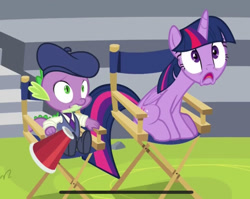 Size: 1167x927 | Tagged: safe, imported from derpibooru, screencap, spike, twilight sparkle, alicorn, horse play, chair, director's chair, faic, megaphone, twilight sparkle (alicorn)