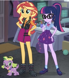 Size: 811x922 | Tagged: safe, artist:cheezedoodle96, edit, editor:php77, imported from derpibooru, ray, sci-twi, spike, spike the regular dog, sunset shimmer, twilight sparkle, dog, leopard gecko, equestria girls, equestria girls series, bowtie, female, geode of empathy, geode of telekinesis, lesbian, looking at you, magical geodes, scitwishimmer, shipping, spike's dog collar, sunsetsparkle, tongue out