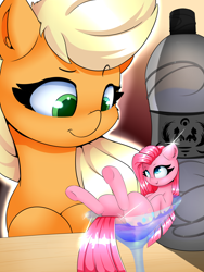 Size: 2400x3200 | Tagged: safe, artist:madacon, imported from derpibooru, applejack, pinkie pie, earth pony, pony, bar, cocktail glass, cup, cup of pony, cute, cuteamena, diapinkes, glass, looking down, loose hair, martini glass, micro, pinkamena diane pie, size difference