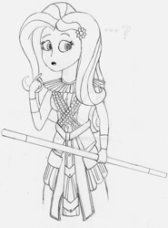 Size: 1024x1385 | Tagged: safe, artist:drcool13, imported from derpibooru, fluttershy, equestria girls, armor, bad anatomy, female, monochrome, shadow fight 2, shadow fight 2(game), simple background, solo, staff, traditional art, watermark, weapon, white background