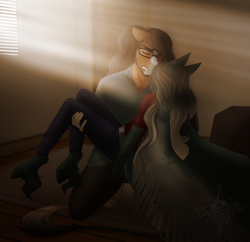 Size: 3012x2916 | Tagged: safe, artist:askbubblelee, imported from derpibooru, oc, oc only, oc:pandie, oc:walter nutt, anthro, anthro oc, carrying, clothes, death by coffee, dewclaw, female, glasses, male, oc x oc, room, shipping, straight, sunlight