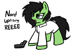 Size: 1042x736 | Tagged: safe, artist:neuro, imported from derpibooru, oc, oc only, oc:filly anon, pony, angry video game nerd, clothes, cute, female, filly, glasses, gun, handgun, lab coat, nerd, open mouth, pistol, reeee, simple background, solo, talking, tongue out, transparent background, weapon