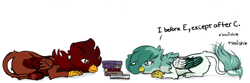 Size: 2000x661 | Tagged: safe, artist:hipsanon, imported from derpibooru, oc, oc:emerald jewel, oc:ruby rouge, griffon, colt quest, book, griffon oc, griffonized, looking down, simple background, species swap, studying, white background