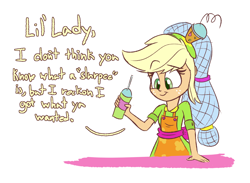 Size: 1500x1100 | Tagged: safe, artist:heir-of-rick, imported from derpibooru, applejack, eqg summertime shorts, equestria girls, shake things up!, 7-eleven, cute, dialogue, female, food, hairnet, jackabetes, offscreen character, slurpee, solo