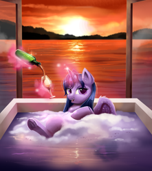 Size: 3000x3392 | Tagged: safe, artist:confetticakez, imported from derpibooru, twilight sparkle, alicorn, pony, alcohol, bath, bedroom eyes, bubble bath, female, glass, glowing horn, hot, hot tub, levitation, magic, mare, ocean, relaxing, seductive, sexy, solo, sunset, telekinesis, twilight sparkle (alicorn), underhoof, wet mane, wine, wine glass