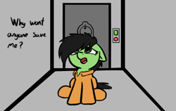 Size: 1543x977 | Tagged: safe, artist:neuro, imported from derpibooru, oc, oc only, oc:filly anon, pony, clothes, d-class, door, female, filly, misspelling, prison outfit, sad, scp, scp foundation, sitting, solo