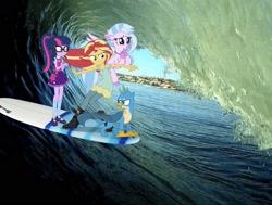 Size: 1529x1153 | Tagged: safe, editor:php77, imported from derpibooru, gallus, sci-twi, silverstream, sunset shimmer, twilight sparkle, classical hippogriff, griffon, hippogriff, equestria girls, school daze, surfboard, surfing