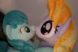 Size: 1280x853 | Tagged: safe, artist:epicrainbowcrafts, artist:rainbowsnowheart, imported from derpibooru, cloud kicker, spring melody, sprinkle medley, bed, cute, duo, female, kissing, lesbian, life size, plushie, shipping, springkicker