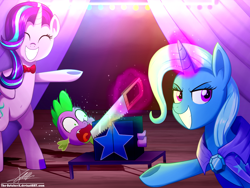 Size: 1360x1020 | Tagged: safe, artist:the-butch-x, imported from derpibooru, spike, starlight glimmer, trixie, dragon, pony, unicorn, assistant, bowtie, box, box sawing trick, cape, clothes, commission, crosscut saw, female, glowing horn, hilarious in hindsight, magic, magic act, magic show, magic trick, mare, out of character, saw, screaming, signature, smiling, telekinesis, this will end in death, this will end in tears, this will end in tears and/or death, this will not end well, trio, trixie's cape