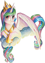 Size: 1101x1528 | Tagged: safe, artist:andypriceart, idw, imported from derpibooru, princess celestia, alicorn, pony, spoiler:comic65, cloud, cropped, female, hooves, horn, jewelry, lying on a cloud, mare, on a cloud, regalia, simple background, smiling, solo, spread wings, tiara, transparent background, wings