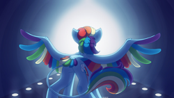 Size: 2560x1440 | Tagged: safe, artist:eleamorbid, artist:moonhowlerel, imported from derpibooru, rainbow dash, pegasus, pony, colored wings, colored wingtips, cutie mark, ear fluff, female, leonine tail, mare, multicolored wings, rainbow wings, rear view, runway, signature, solo, spread wings, standing, tail feathers, wings