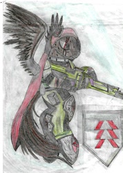 Size: 830x1169 | Tagged: safe, artist:fedetom, artist:pedrortis, imported from derpibooru, oc, oc only, oc:hunter, pegasus, pony, armor, cap, destiny, destiny (game), destiny (video game), game, hat, hunter, logo, red eyes, sniper, solo, traditional art, wounded warriors