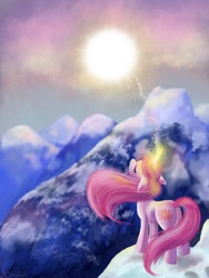 Size: 1024x1365 | Tagged: safe, artist:catscratchpaper, imported from derpibooru, princess celestia, pony, unicorn, cutie mark, eyes closed, female, glowing horn, mare, mountain, pink-mane celestia, raising the sun, solo, sun, sunrise, younger