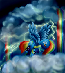 Size: 1024x1145 | Tagged: safe, artist:catscratchpaper, imported from derpibooru, rainbow dash, pegasus, pony, badass, clothes, cutie mark, female, goggles, lightning, looking at you, mare, rainbow waterfall, solo, spread wings, storm, uniform, wings, wonderbolts uniform