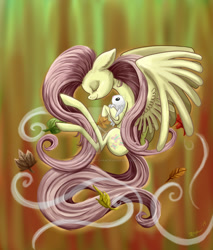 Size: 900x1057 | Tagged: safe, artist:catscratchpaper, imported from derpibooru, angel bunny, fluttershy, pegasus, pony, rabbit, abstract background, duo, eyes closed, female, floating, holding, hug, leaves, male, mare, profile, smiling, spread wings, watermark, wings