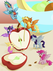 Size: 1024x1365 | Tagged: safe, artist:catscratchpaper, imported from derpibooru, applejack, fluttershy, pinkie pie, rainbow dash, rarity, twilight sparkle, alicorn, bat pony, bat pony alicorn, pony, alicornified, alternate cutie mark, apple, applebat, bat ponified, cute, cutie mark, eating, eyes closed, female, flutterbat, food, fruit, fruit bowl, herbivore, mane six, mare, micro, pinkiebat, race swap, rainbowbat, raribat, raricorn, rope, tiny, tiny ponies, twibat