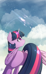 Size: 1200x1920 | Tagged: safe, artist:laptop-pone, imported from derpibooru, twilight sparkle, alicorn, pony, butt, cloud, female, mare, plot, signature, sky, smiling, solo, twibutt, twilight sparkle (alicorn), wide hips