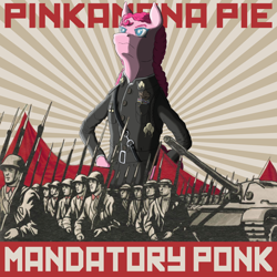 Size: 1024x1024 | Tagged: safe, artist:korencz11, imported from derpibooru, pinkie pie, tank, human, semi-anthro, alternate hairstyle, clothes, female, mandatory fun, parody of a parody, ponified, ponified album cover, ponk, soldier, solo, uniform, weird al yankovic