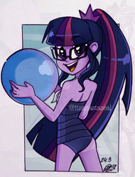 Size: 974x1280 | Tagged: safe, artist:antych, imported from derpibooru, sci-twi, twilight sparkle, equestria girls, equestria girls series, forgotten friendship, ass, attached skirt, ball, blue swimsuit, butt, clothes, female, glasses, looking at you, looking back, looking back at you, one-piece swimsuit, open mouth, ponytail, sci-twi swimsuit, sci-twibutt, skirt, solo, swimsuit, watermark