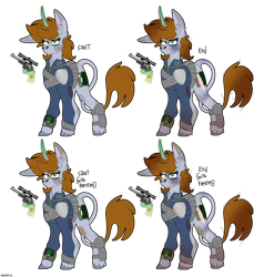 Size: 4048x4248 | Tagged: safe, artist:eleamorbid, artist:moonhowlerel, imported from derpibooru, oc, oc only, oc:littlepip, pony, unicorn, fallout equestria, absurd resolution, big ears, clothes, cloven hooves, curved horn, ear fluff, fanfic, fanfic art, female, freckles, glowing horn, gun, handgun, hooves, horn, jumpsuit, leonine tail, levitation, little macintosh, magic, mare, pipbuck, progress, revolver, scar, serious, serious face, simple background, solo, telekinesis, transparent background, vault suit, weapon