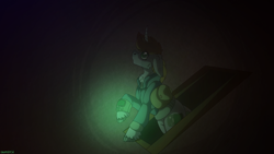 Size: 2560x1440 | Tagged: safe, artist:eleamorbid, artist:moonhowlerel, imported from derpibooru, oc, oc only, oc:littlepip, pony, unicorn, fallout equestria, clothes, cloven hooves, curved horn, cutie mark, dark, darkness, doorway, fanfic, fanfic art, female, floppy ears, hoof fluff, hooves, horn, jumpsuit, light, mare, muzzle fluff, neck fluff, night, pipbuck, saddle bag, solo, sweet apple acres, vault suit, wide eyes