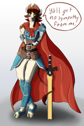 Size: 1024x1536 | Tagged: safe, artist:korencz11, imported from derpibooru, arizona cow, anthro, cow, them's fightin' herds, arizona (tfh), armor, cape, clothes, community related, cowboy hat, crossover, fire emblem: radiant dawn, hat, solo, stetson, sword, weapon