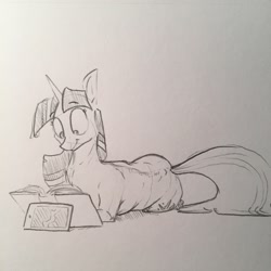 Size: 1280x1280 | Tagged: safe, artist:greyscaleart, imported from derpibooru, pony, unicorn, book, female, kindle, mare, monochrome, prone, reading, solo, traditional art