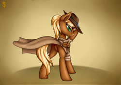 Size: 2000x1400 | Tagged: safe, artist:6editor9, imported from derpibooru, oc, oc only, oc:threnody, pegasus, pony, fallout equestria, fallout equestria: speak, clothes, cowboy hat, fanfic art, female, green eyes, hat, looking at you, looking back, looking back at you, mare, smiling, solo, stetson, wings