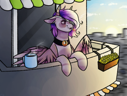 Size: 1024x768 | Tagged: safe, artist:eggymy, imported from derpibooru, oc, oc only, oc:mayumi, pegasus, pony, balcony, bandage, bell, bell collar, cigarette, city, coffee, collar, female, flower, horns, mare, solo