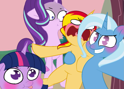 Size: 1023x731 | Tagged: safe, artist:leanne264, imported from derpibooru, starlight glimmer, sunset shimmer, trixie, twilight sparkle, alicorn, pony, unicorn, base used, blushing, faic, inconvenient twilight, magical quartet, photobomb, selfie, sunset shimmer gets all the mares, twilight sparkle (alicorn), woonoggles