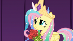 Size: 1920x1080 | Tagged: safe, imported from derpibooru, screencap, fluttershy, pegasus, pony, horse play, bouquet, celestia costume, celestia's crown, clothes, cosplay, costume, crown, cute, discovery family logo, fake horn, female, flower, jewelry, mare, peytral, regalia, rose, shyabetes, shylestia, solo