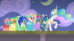 Size: 1920x1080 | Tagged: safe, imported from derpibooru, screencap, gallus, ocellus, princess celestia, sandbar, silverstream, smolder, yona, alicorn, changedling, changeling, dragon, earth pony, griffon, hippogriff, pony, yak, horse play, clothes, costume, fake beard, fake ears, fake horn, female, male, mare, play, raised hoof, star swirl the bearded costume, student six, teenager