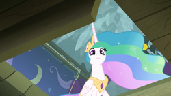 Size: 1920x1080 | Tagged: safe, imported from derpibooru, screencap, princess celestia, alicorn, pony, horse play, female, looking down, mare, rope, stalactite