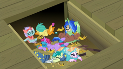 Size: 1920x1080 | Tagged: safe, imported from derpibooru, screencap, gallus, ocellus, sandbar, silverstream, smolder, yona, changedling, changeling, dragon, earth pony, griffon, hippogriff, pony, yak, horse play, clothes, costume, discovery family logo, fake beard, fake ears, fake horn, female, male, star swirl the bearded costume, student six, teenager