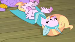 Size: 1920x1080 | Tagged: safe, imported from derpibooru, screencap, gallus, silverstream, classical hippogriff, griffon, hippogriff, horse play, acting, clothes, costume, fake ears, fake horn, on back, playing dead, solo focus, tongue out