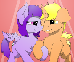 Size: 2848x2400 | Tagged: safe, artist:konigbouncer, imported from derpibooru, oc, oc:bright idea, oc:marebox, pegasus, pony, unicorn, nuzzling, spread wings, wingboner