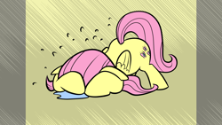 Size: 1920x1080 | Tagged: safe, artist:php47, artist:shoutingisfun, edit, imported from derpibooru, fluttershy, pegasus, pony, covering face, crying, face down ass up, female, floppy ears, folded wings, mare, puddle, simple background, solo, sweat, wallpaper, wallpaper edit