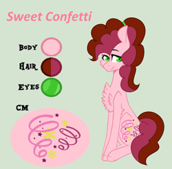 Size: 2461x2417 | Tagged: safe, artist:snowi-draws1997, imported from derpibooru, oc, oc only, oc:sweet confetti, earth pony, pony, base used, chest fluff, female, green background, mare, offspring, parent:cheese sandwich, parent:pinkie pie, parents:cheesepie, reference sheet, simple background, solo