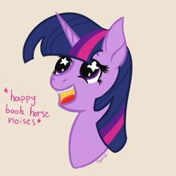 Size: 1181x1181 | Tagged: safe, artist:dyonys, imported from derpibooru, twilight sparkle, pony, book, bookhorse, bust, descriptive noise, female, happy, horse noises, simple background, smiling, solo, starry eyes, text, that pony sure does love books, wingding eyes